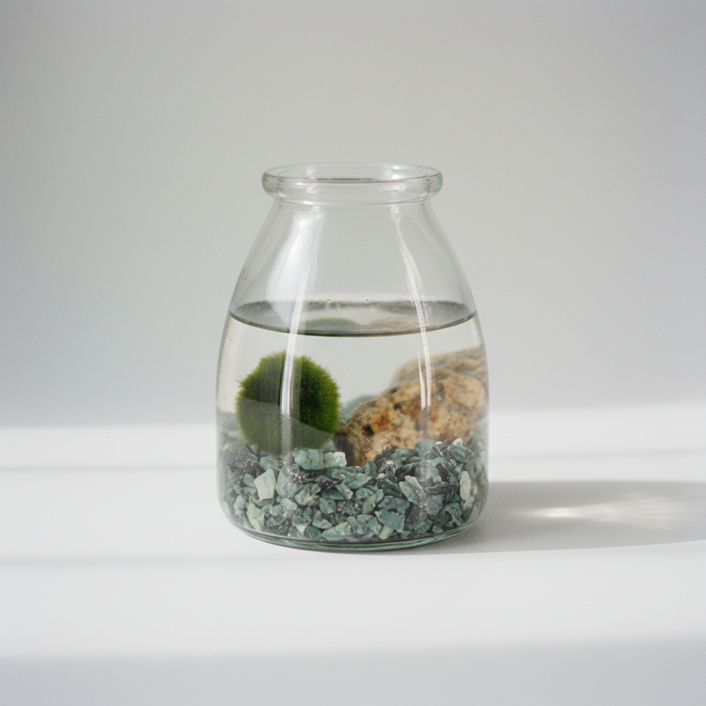 Alga Marimo Moss Ball sumergida en agua con piedras decorativas con tonos azulados, sin tapa