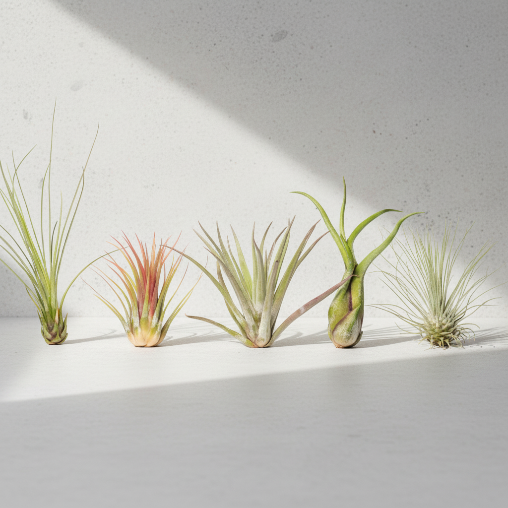 conjunto de cinco variedades de Tillandsias (plantas de aire) alineadas sobre una superficie blanca con sombras suaves