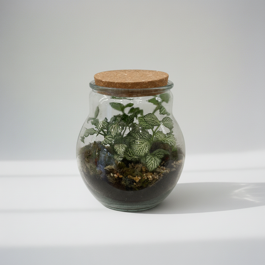 Ecosistema `Jardín Eterno´ dentro de tarro de cristal con tapa de corcho