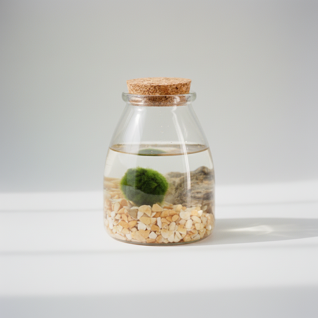 Terrario Marimo en frasco de vidrio con bola verde y grava