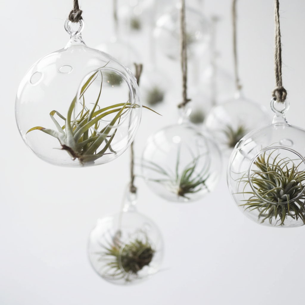 conjunto de varias Tillandsias en terrarios de cristal esféricos colgantes mediante cuerdas sobre un fondo blanco.