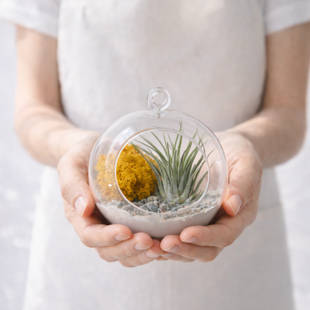 Tillandsia en un terrario de cristal redondo, con musgo amarillo 